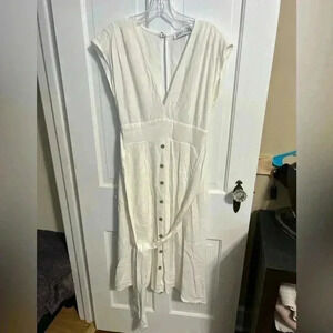 Petal and Pup Linen V-Neck Midi Dress Women Size 8 Tie Back Keyhole Button Front